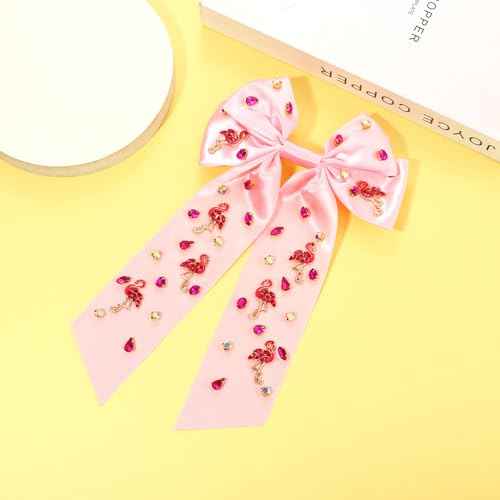 Flamingo Hair Bows for Women Tropical Flamingo Hair Clips Crystal Jeweled Big Pink Bows Satin Hair Ribbon Barrettes Boho Hawaiian Summer Beach Accessories Costume Outfits Party Favors (Pattern A1)