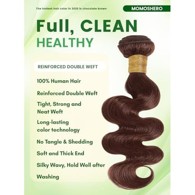 Chocolate Brown Body Wave Single Bundle Human Hair 18 Inch, 12A Soft Glossy 100% Unprocessed Remy Virgin Hair 1 Bundle Wavy. Classy Colored #4 Dark Medium Brown Weaves Sew In Extension