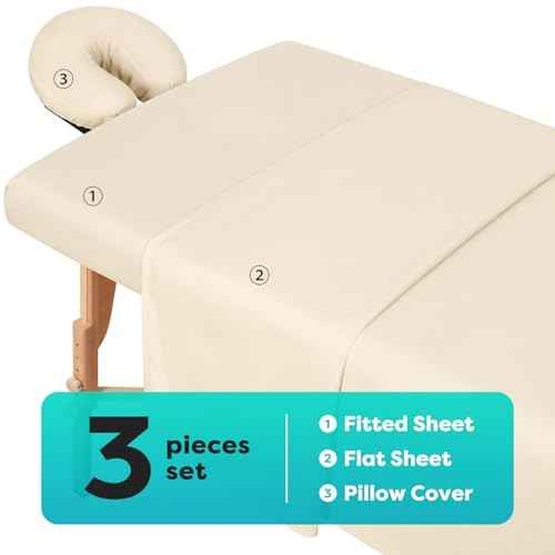 Comfyanno Massage Table Sheets Sets, 3 Pcs Professional Microfiber Massage Bed Cover Sheets, Soft, Light-Weight, Stain & Wrinkle Resistant, Includes Flat & Fitted Sheet, Face Cradle Cover - Natural