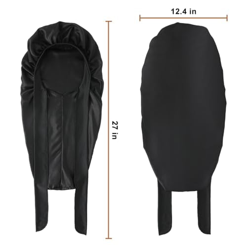 Long Satin Bonnet for Sleeping, Satin Lined Braid Bonnet with Elastic Band, Adjustable Long Strap Bonnets for Women Braids Dreadlock Curly Hair(Black)