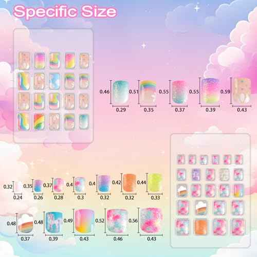 Allstarry 6 pack Children Nails Press on Pre-glue Full Cover Glitter Rainbow Flower Star Short False Nail Kits Lovely Gift for Children Little Girls Nail Art Decoration - Dreamy Rainbow