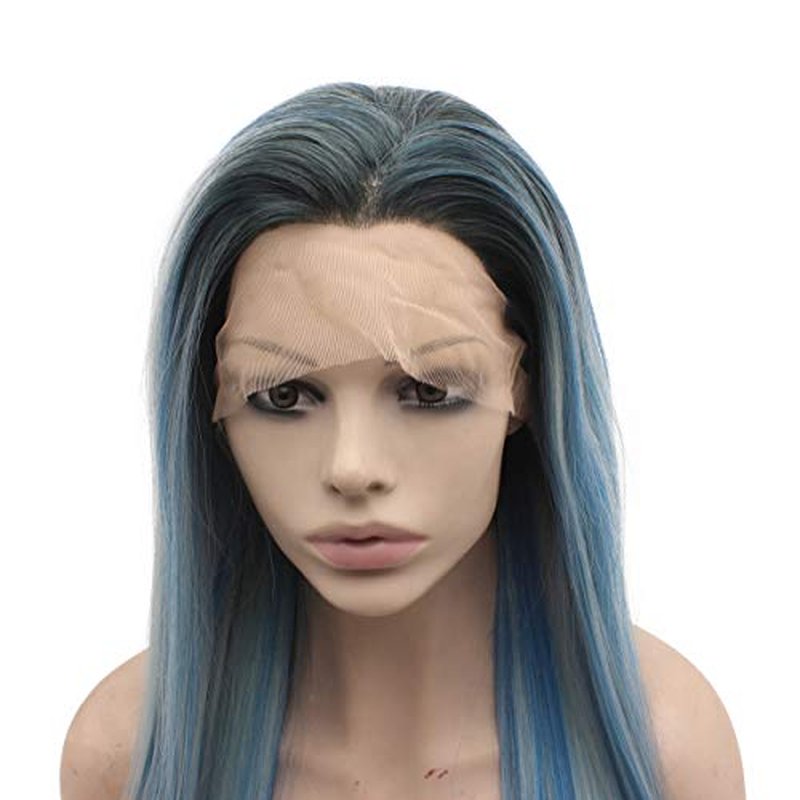 Peakia Long Straight Black Blue Gray Ombre Half Hand Tied Synthetic Lace Front Wig