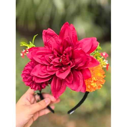 YHDDYG 2 Pcs Frida khalo Fuchsia Flower Headband and Women¡¯s Tassel Shawl Wrap Mexican Style Ethnic Shawl Party N3