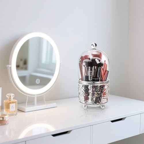 Rotating Makeup Brush Holder, Dustproof Cosmetic Tools Organizer with Lid, 360¡Æ Spinning Covered Brushes Storage with Anti-slip Pads for Vanity, Bathroom Countertop & Bedside Table, Clear