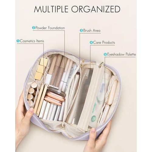 Vlando Makeup Bag,Large Capacity Toiletry Bag for Women Waterproof Portable Make up Pouch PU Leather Open Flat Cosmetic Bag(Purple)