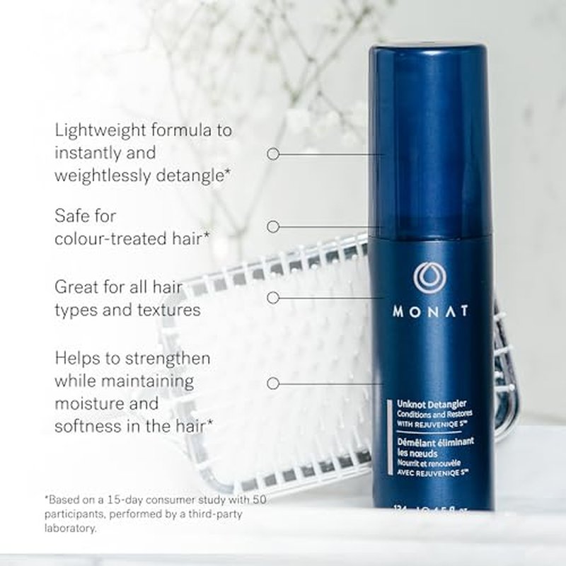 MONAT Unknot Detangler Infused with Rejuveniqe¢ç S - Lightweight, Anti Frizz Hair Detangler Spray Leaving Strands Soft and Knot-free. Safe for Color-treated Hair. -Net Wt. 134 ml / 4.5 fl. oz.