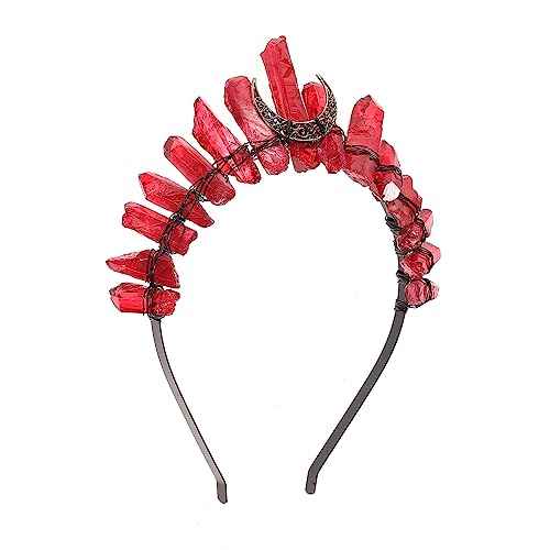 Bubbmi Red Raw Crystal Crown Headband, Natural Quartz Rhinestone Tiara Headpiece for Women Girls Christmas Party Photography Prop