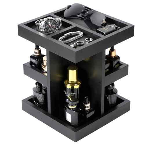 EXIN DECHEN Cologne Organizer for Men,Cologne Stand,3 Tier Large Capacity Wood Perfume Shelf with Rotate,Desk & Nightstand Organizer,Mens Husband Birthday Gifts Ideas,Christmas Gifts for Men(Black)