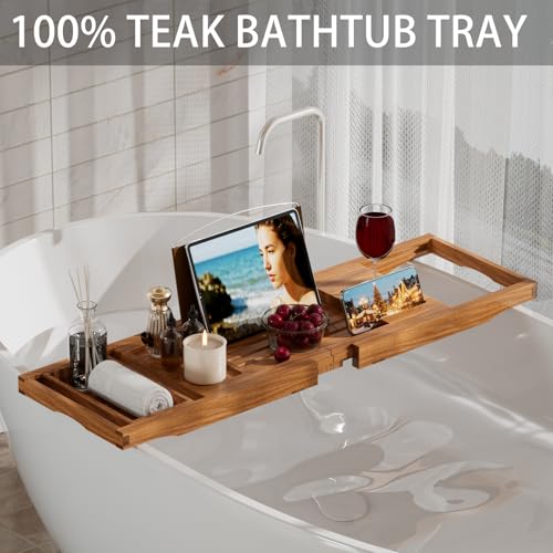 Premium Teak Bathtub Tray Caddy, Expandable Wooden Bath Tray for Tub,Luxury Bathroom Accessories,Great House Warming, Anniversary & Wedding and Birthday Gifts