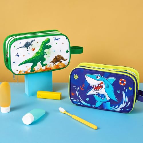 Dinosaur Toiletry Bag - Travel Toiletry Bag for Boys Kids Christmas Birthday Gift Toiletries Makeup Cosmetic Pouch Camping Traveling Toiletry Case Water-resistant Wash Bag Dopp Kit with Mesh Pocket
