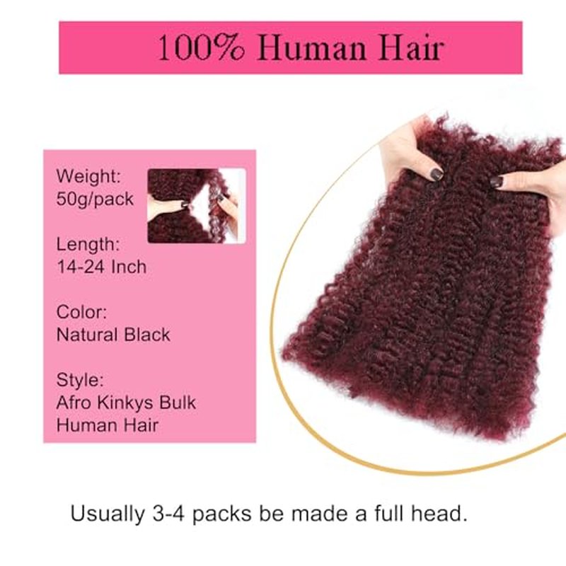 Afro Kinkys Bulk Human Hair -100% Real Human Hair for Mini Twist, Braiding, Loc Extensions & Crochet, 16 Inch 50g 4c Kinky Curly Hair Bundles, 99J Afro Bulk for Dreadlocks