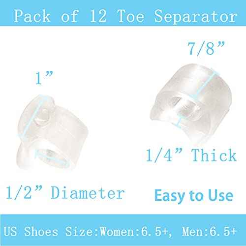 Pack of 12 Gel Toe Separator, (1/4" Thick) Big Toe Spacers, Single Loop Toe Spreader for Bunions, Overlapping Toe, Corrector and Spacer (Clear)