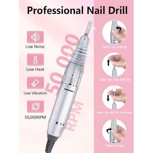 Nail Drill, Portable Electric Nail File 50000RPM, Rechargeable Nail Drill Professional with Bits for Acrylic Gel Nails, E-File Machine Manicure Polishing for Salon Home,Pink