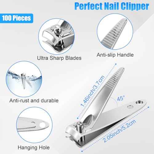 HOFASON 100 Pcs Nail Clippers Bulk for Men Women Adult, Professional Stainless Steel Fingernail & Toe Nail Clipper Cutter Set Travel Manicure Pedicure Trimmer Kit Gift for Homeless Supplies