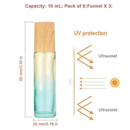 8Pcs 10mL (1/3 oz) Glass Roll on Bottles Yellow Blue Gradient Roller Vials Leak Proof Travel Size DIY Craft Container for Essential Oils Perfume Lip Balms