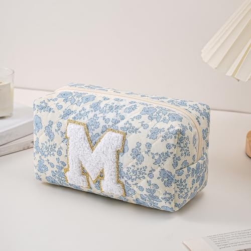 JOVAKIT Alphabet Makeup Bag Cosmetic Bag for Women, Christmas Gifts for Girls Age 6-18, Floral Flowers Coquette Travel Toiletry Zipper Make Up Pouch Organizer Trendy Stuff (2Pcs Blue Floral M)
