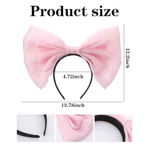 Big Pink Bow Headband - Cute Glitter Bows Headpiece for Women Girls, Fashion Bowknot Hair Accessories for Birthday Halloween Christmas Cosplay Party Costume Derss Up
