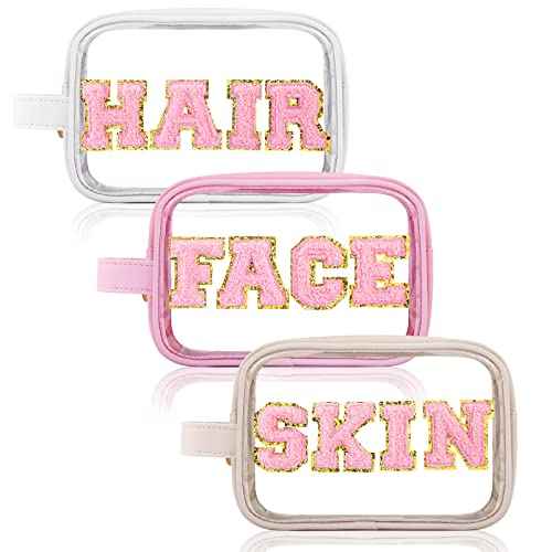 Sotiff 3 Pcs Preppy Patch Makeup Bag Cosmetic Bag Travel Toiletry Bag for Women Chenille Letters Patch Bag with Handle Waterproof Portable Preppy Purse Zipper Pouch for Girls (Colorful,PU)