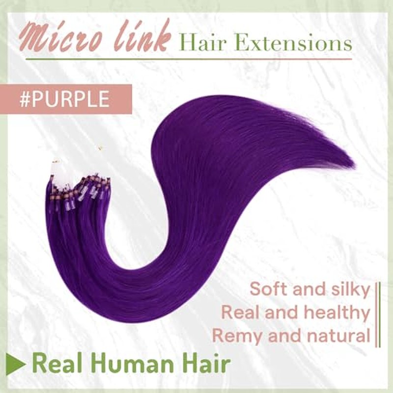 RUNATURE 22 Inch Microbead Hair Extensions Purple Human Hair, Micro Link Extensions Pre Bonded Microloop Long Colorful Purple Hair Extensions for Highlight Party 25g 25s