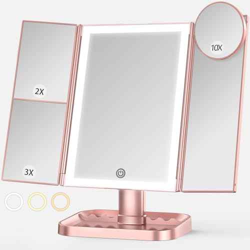 Makeup Mirror with Lights, 3 Color Lighting, Lighted Makeup Mirror, 10x 3X 2X Magnification, Vanity Mirror with 72LEDs, Touch Control, Dual Power Supply, Female Gift(Rose Gold)