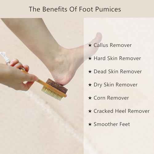 Natural Lava Pumice Stone for Feet with Brush, Callus Remover Foot Scrubber Exfoliator Pedicure Tools for Hard Dead Skin, Softer & Smoother Feet, Double Sided Boar Bristles Wooden Handle