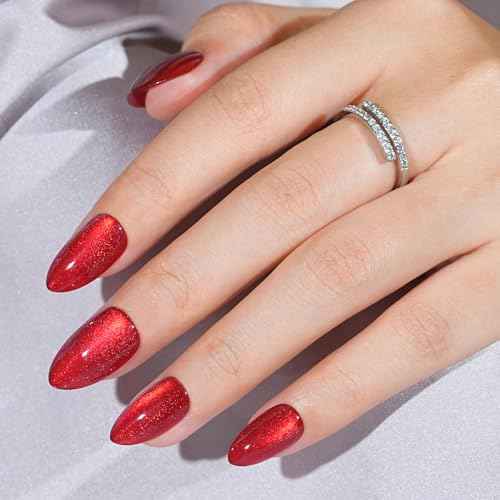 Press On Nails Almond - Bloody Claw, Red Cat Eye Halloween Press On Nails Short, Acrylic Square Glue On Nails with Nail Glue, Fit Perfectly & Natural Stick On Nails in 16 Sizes - 32 PCS Soft Gel Kit