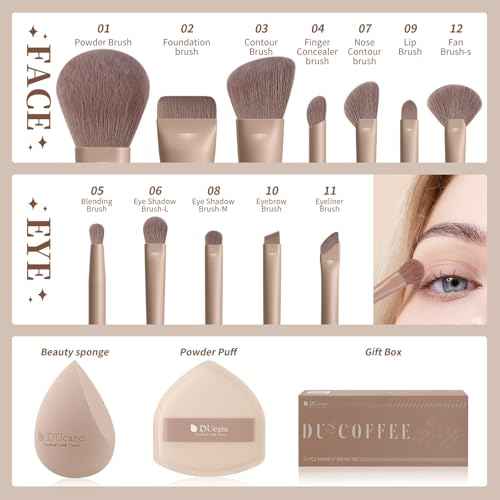 DUcare Christmas Makeup Brushes Set 12Pcs Coffee Series Makeup Brush set with Makeup Sponges Foundation Blending Face Powder Blush Eye Shadows Brushes
