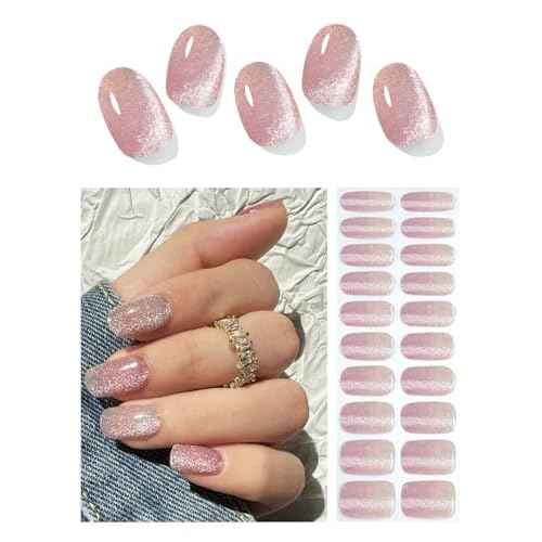 Semi Cured Gel Nail Strips, Nude Cat Eye Gradient 20pcs UV Gel Nails Sticker, Nail Wraps UV for Home Nails DIY