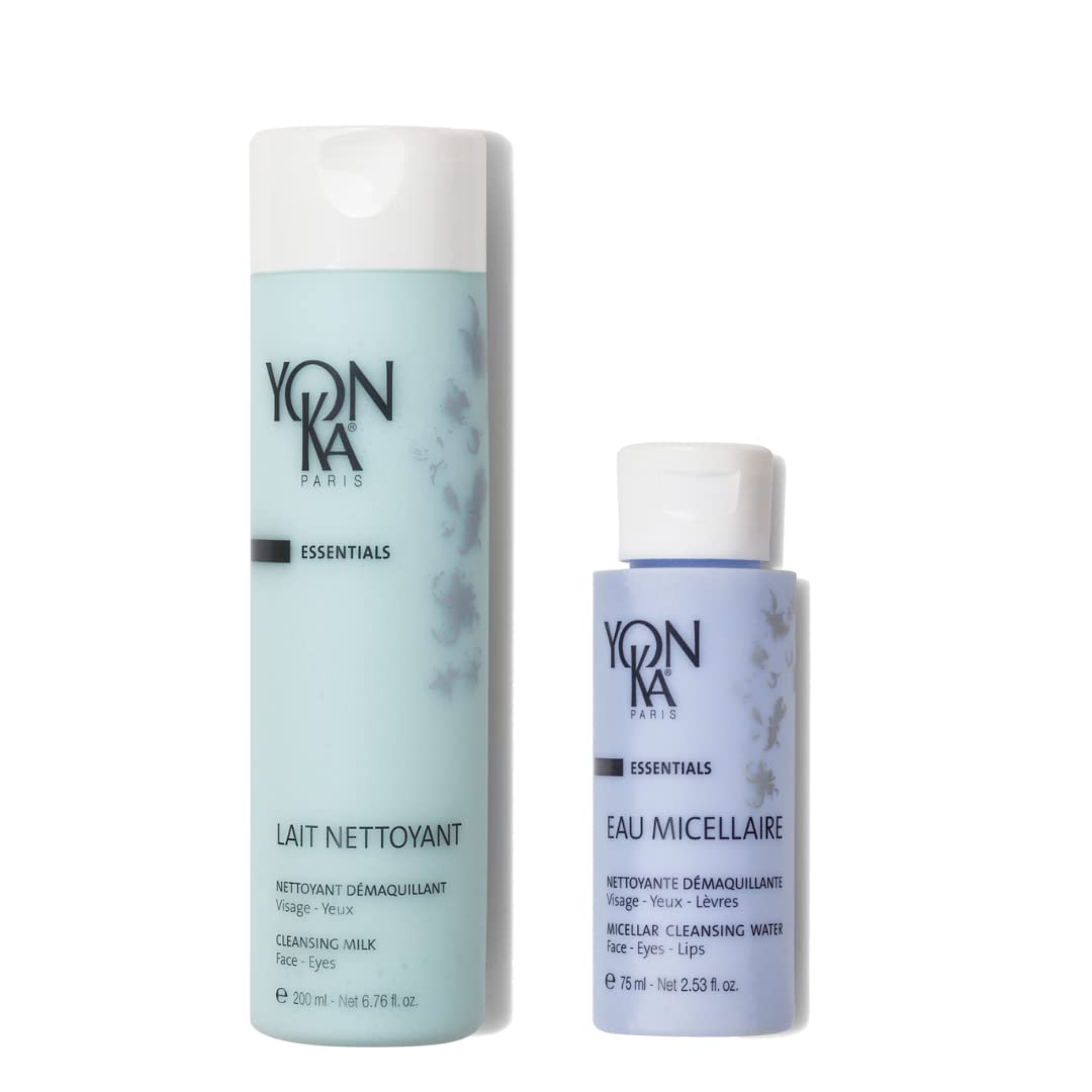 Yon-Ka Cleansing Milk, Gentle Facial Cleanser & Makeup Remover with Eau Micellaire Micellar Water and Cleansing Makeup Remover | Luxury French Skincare | Set of 2, 6.76 fl oz and 2.53 fl oz