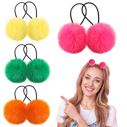 Juexica 8 Pcs Pom Pom Hair Ties Fluffy Elastic Hair Ties Accessories Ball Scrunchie Ball Christmas Pigtail, 4 Colors(Goose Yellow, Rose Red, Orange, Grass Green)