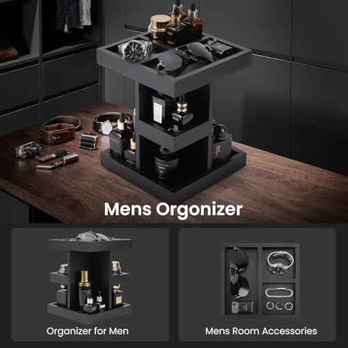 EXIN DECHEN Cologne Organizer for Men,Cologne Stand,3 Tier Large Capacity Wood Perfume Shelf with Rotate,Desk & Nightstand Organizer,Mens Husband Birthday Gifts Ideas,Christmas Gifts for Men(Black)