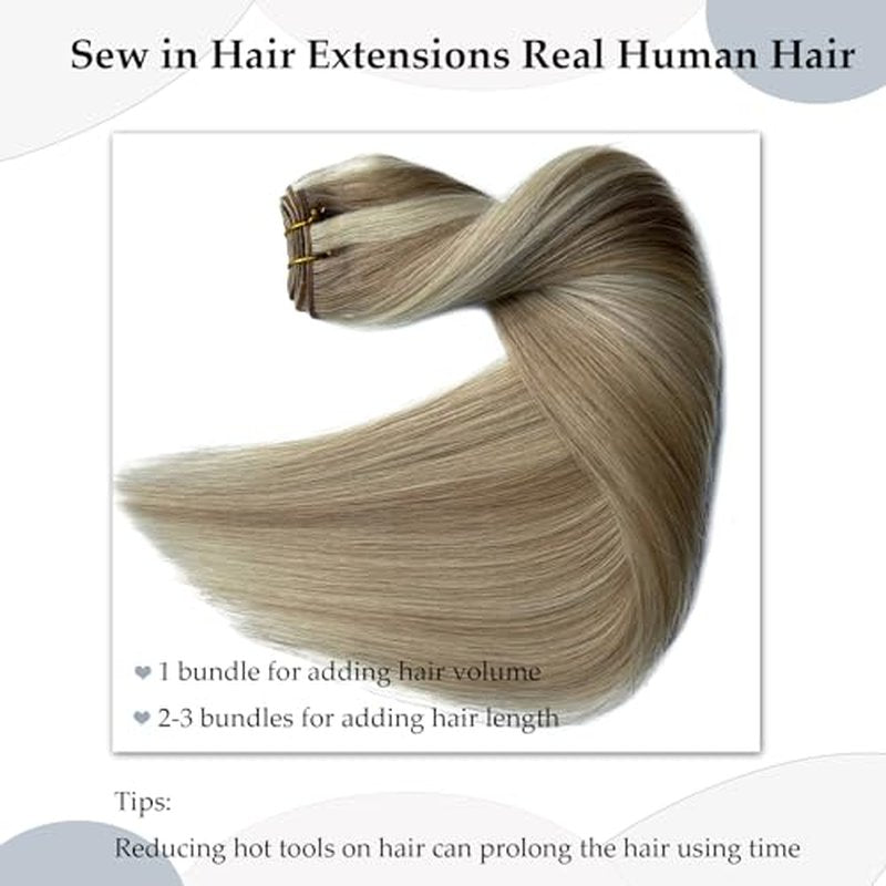 Balayage Ash Blonde to Blonde Highlights Sew in Hair Extensions Real Human Hair, 16 Inch 100G Weft Hair Extensions Human Hair, Hand Tied Weft Hair Extension Human Hair Weave Bundles Sew in Extensions