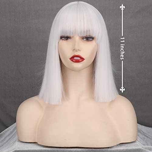 MERISIHAIR Short Bob White Wig with Bangs Silver White Short Wigs for Women Straight Bob White Cospaly Hair Wig for Daily Party Halloween