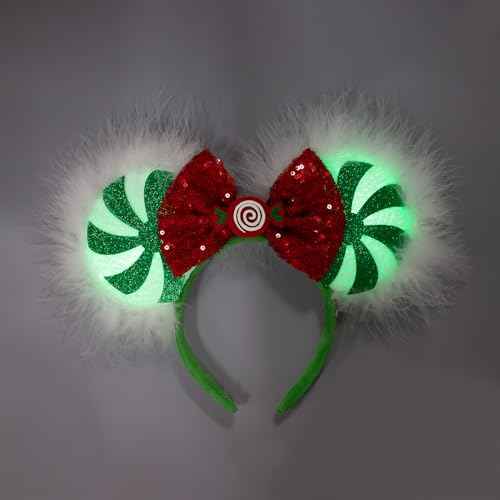 JIAHANG Mouse Ear Christmas Light Up Headband, Lollipop LED Hairband with Sequin Bow, Flash Glowing Party Decoration Headwear Hair Accessories for Women Girls