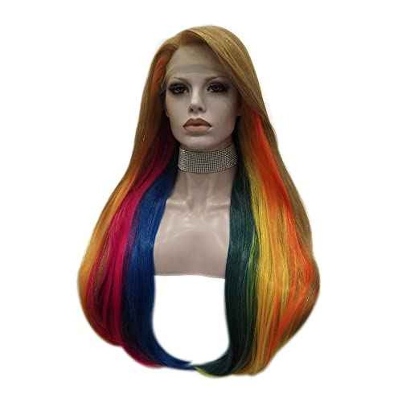 IMSTYLE Rainbow Colorful Lace Front Wigs Synthetic Straight 26 inches Wig Natural Hairline for Halloween Cosplay Party Wig (Rainbow)