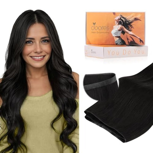 DOORES Tape in Weft Hair Extensions Human Hair, Natural Black 18 Inch 50g, Genius Seamless Extensions Long Wide Genius Seamless Weft Tape in Instant Install