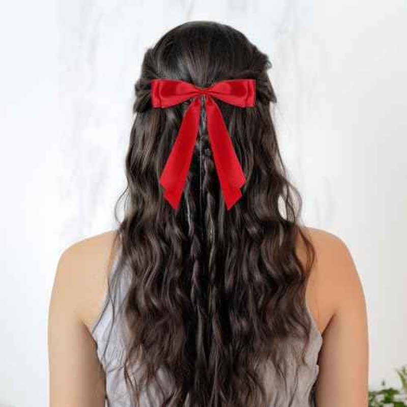 cobee 2 Pcs Red Hair Bow, Bow for Hair Satin Bows Hair Ties, Large Double Satin Ribbon Hair Clips Red Accessories for Holiday Party Women Girls Ponytail Holder