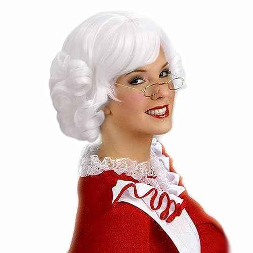 White Short Curly Womens Wig Heat Resistant Synthetic Hair for old lady Halloween Christmas mrs Santa Anime Cosplay costume Daily Wig