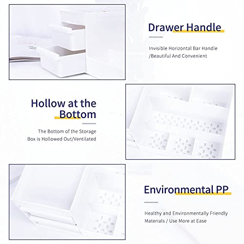 Makeup Desk Organizer with Drawers, Countertop Organizer for Cosmetics, Vanity Holder for Lipstick, Brushes, Lotions, Eyeshadow, Nail Polish and Jewelry (White)