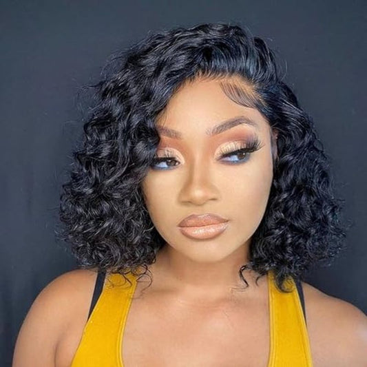 Short Lace Front Wigs for Black Women T Part 13x5.5x1 Glueless HD Lace Pre Plucked Hairline Deep Curly Wigs Afro Curly 100% Human Hair Wig Natural Color 8inch
