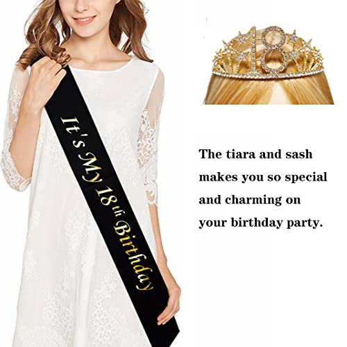 Mayin Happy 18th Birthday Tiara and Sash Gifts Crystal Rhinestone Princess Crown Birthday Girl Party Favor Supplies Gold Crowns Black Sash