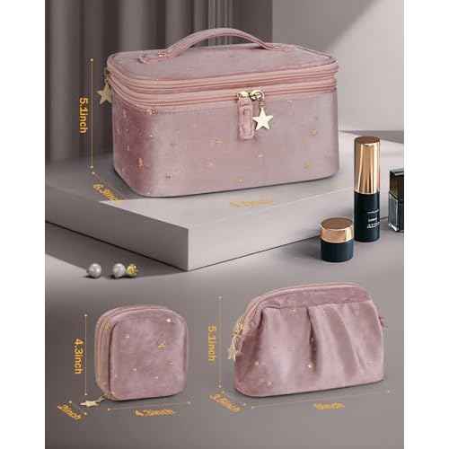 Wedama Makeup Bag Gift for Women, Double-layer Cosmetic Bag with Jewelry Storage and Brush Holder 3 Pcs Velvet Makeup Organizer Bag Gift Set Travel Toiletry Bag for Women Girls, Pink