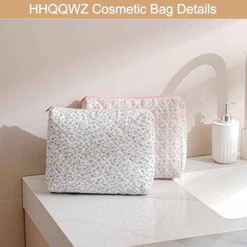 Large Travel Makeup Bag Cosmetic Bag for Women Girls, Cute Large Floral Cotton Cosmetic Bag, Zipper Toiletry Bag Makeup Brushes Accessories Organizer Storage Bag (Pink Floral)