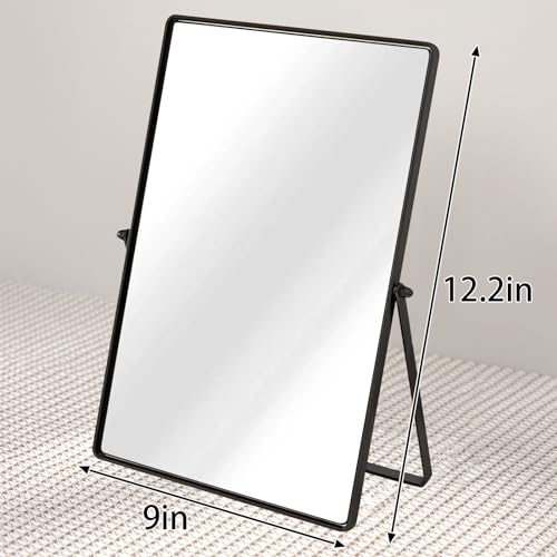 Desktop Makeup Mirror with Black Metal Standing 90¡Æ Rotation Vanity Table Mirror Portable Cosmetic Mirror for Dressing Room Bedroom Bathroom Rectangle