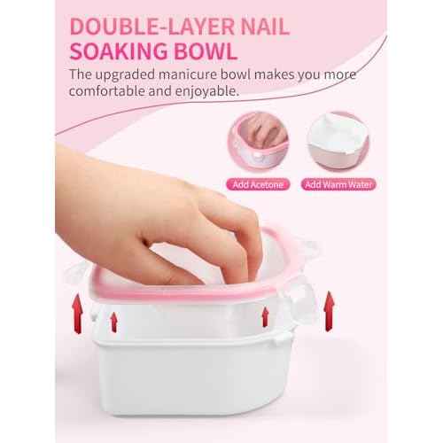 Nail Soaking Bowl, 2PCS Soak Off Gel Polish Dip Powder Remover Manicure Bowl with Triangle Cuticle Peeler and Stainless Steel Cuticle Pusher Nail Art Tool (Pink)