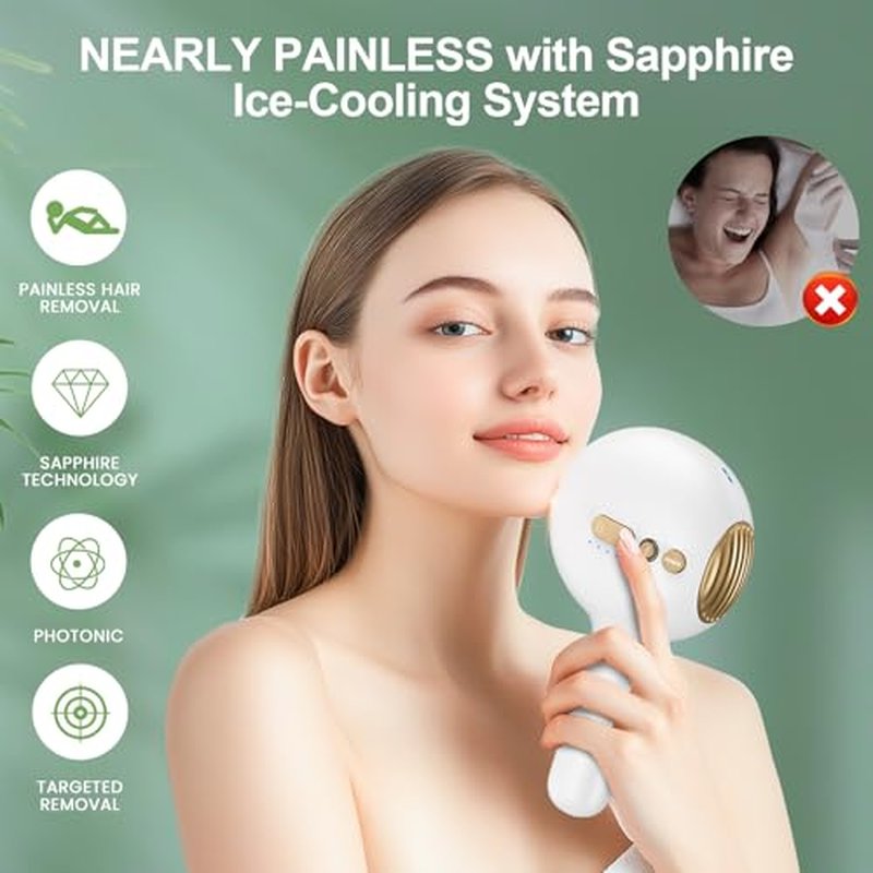 Sapphire Ice Cooling Hair Remove Device, Ice-cooling Device Hair Removal for Nearly Painless, Auto Flashing for Fast Full Body Hair Removal, White