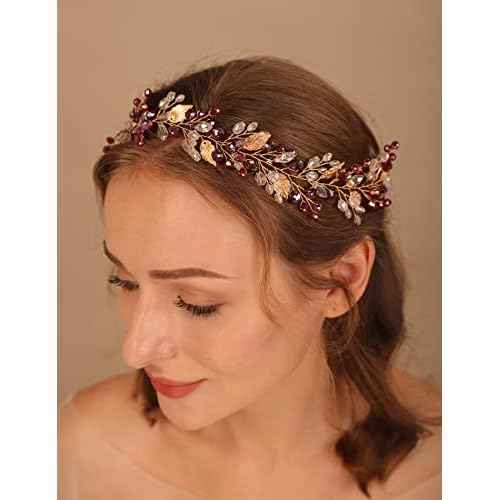 Teyglen Bridal Wedding Hair Vine Headband Silver Crystal Leaf Hair Pieces Handmade Blue Red Green Rhinestone Headpiece Hair Accessories for Women Bride Girls (Light Purple)