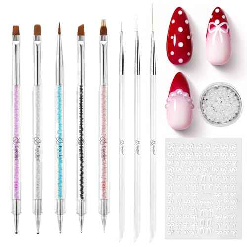 Beetles Nail Art Brushes 8pcs ? Crystal Nail Art Tools 5pcs Double-headed Nails Dotting Tool, 3pcs Striping Liner Brushes for Nails with Pearls Bowknot Stickers, DIY Home Salon Manicure Design Tools