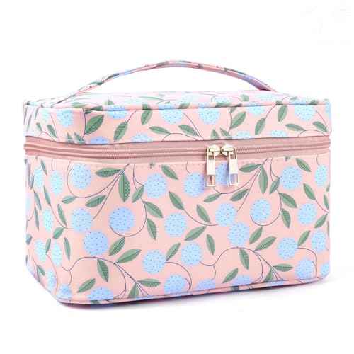 MAANGE Travel Makeup Bag, Cosmetic Bag, Portable Large Capacity Makeup Case, Make Up Organizer For Women, Oxford Cloth Toiletry Bag With Handle (Pink Plants)