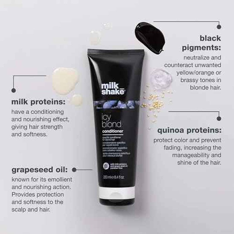 milk_shake icy blond conditioner | award winning toning conditioner with black pigment to neutralize yellow and brass in platinum blonde hair | hydrates and brightens cool tones